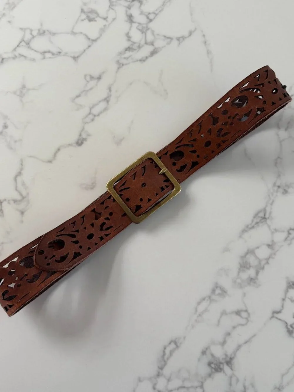Anthropologie Timberwork Cutout Leather Belt - Brown/Brass - Size L/XL